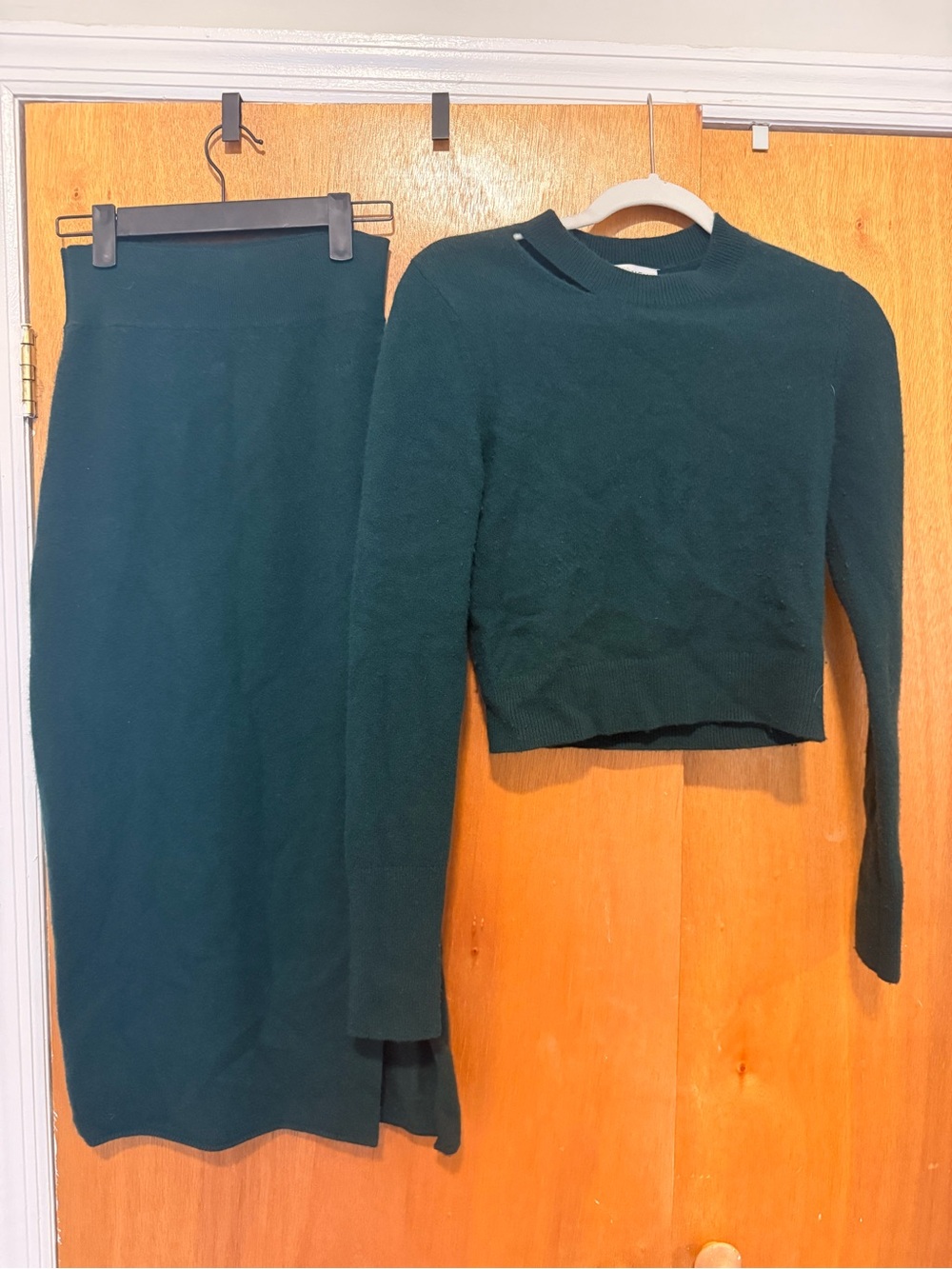 Frame Denim Dark Green Maxi Knit Skirt and sweater set